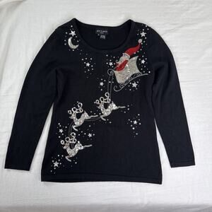 Y2K Jack B. Quick Whimsical Christmas Novelty Sweater Black Sequins Santa Sz S‎